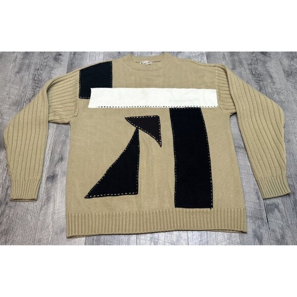 Bare Fox Urban Gear Sweater Mens‎ XL Tan Geometric Patchwork Grunge Y2K Hip Hop - Picture 9 of 10